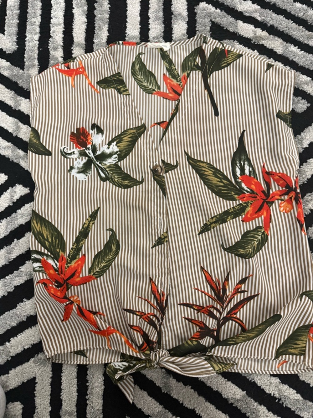 Olivia Sky Olive-Striped Tropical Tank with Orange Floral Accents